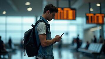 Person Standing in an Airport Terminal, Looking at Their Smartphone With a Flight Information Display Board in the Background photo