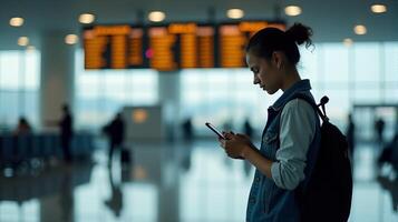 Person Standing in an Airport Terminal, Looking at Their Smartphone With a Flight Information Display Board in the Background photo