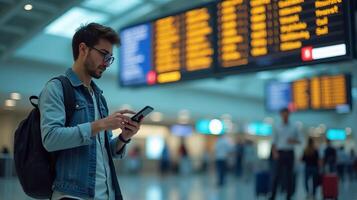 Person Standing in an Airport Terminal, Looking at Their Smartphone With a Flight Information Display Board in the Background photo