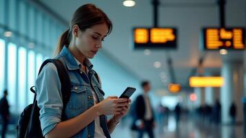 Person Standing in an Airport Terminal, Looking at Their Smartphone With a Flight Information Display Board in the Background photo