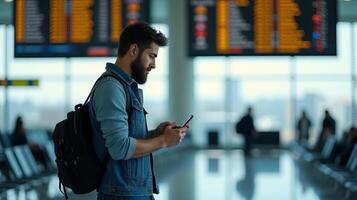 Person Standing in an Airport Terminal, Looking at Their Smartphone With a Flight Information Display Board in the Background photo