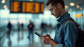 Person Standing in an Airport Terminal, Looking at Their Smartphone With a Flight Information Display Board in the Background photo