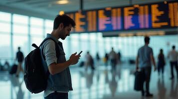Person Standing in an Airport Terminal, Looking at Their Smartphone With a Flight Information Display Board in the Background photo
