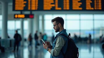Person Standing in an Airport Terminal, Looking at Their Smartphone With a Flight Information Display Board in the Background photo