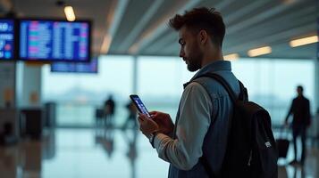 Person Standing in an Airport Terminal, Looking at Their Smartphone With a Flight Information Display Board in the Background photo