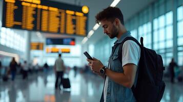 Person Standing in an Airport Terminal, Looking at Their Smartphone With a Flight Information Display Board in the Background photo