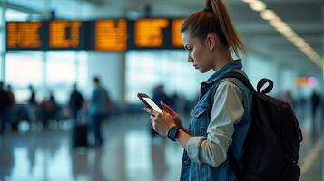 Person Standing in an Airport Terminal, Looking at Their Smartphone With a Flight Information Display Board in the Background photo