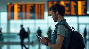 Person Standing in an Airport Terminal, Looking at Their Smartphone With a Flight Information Display Board in the Background photo