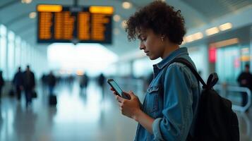 Person Standing in an Airport Terminal, Looking at Their Smartphone With a Flight Information Display Board in the Background photo