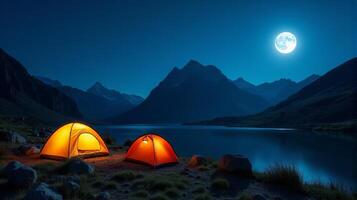 Serene Night-time Camping Scene in the Mountains. Clear Starry Sky With a Bright Full Moon Illuminating Landscape. photo