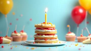 Layered Cake with Varying Shapes and Colors With a Single Lit Candle on Top of the Cake, Soft Blue Background. Festive Vibe with Red and Yellow Balloons and a Scattered Confetti photo