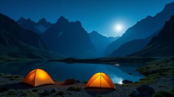 Serene Night-time Camping Scene in the Mountains. Clear Starry Sky With a Bright Full Moon Illuminating Landscape. photo