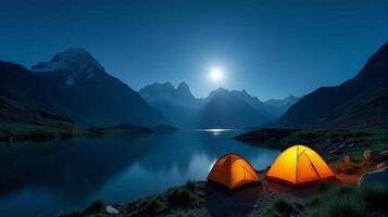 Serene Night-time Camping Scene in the Mountains. Clear Starry Sky With a Bright Full Moon Illuminating Landscape. photo