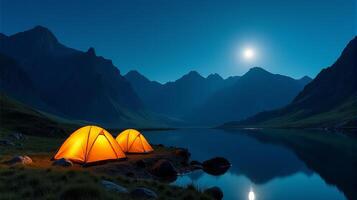 Serene Night-time Camping Scene in the Mountains. Clear Starry Sky With a Bright Full Moon Illuminating Landscape. photo