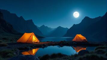 Serene Night-time Camping Scene in the Mountains. Clear Starry Sky With a Bright Full Moon Illuminating Landscape. photo