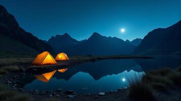 Serene Night-time Camping Scene in the Mountains. Clear Starry Sky With a Bright Full Moon Illuminating Landscape. photo