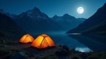 Serene Night-time Camping Scene in the Mountains. Clear Starry Sky With a Bright Full Moon Illuminating Landscape. photo