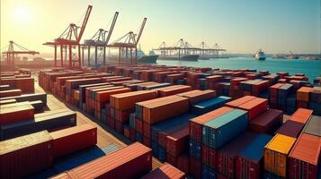 Bustling Industrial Port Featuring a Multitude of Colorful Stacked Containers photo