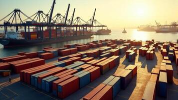 Bustling Industrial Port Featuring a Multitude of Colorful Stacked Containers photo
