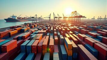 Bustling Industrial Port Featuring a Multitude of Colorful Stacked Containers photo