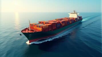 Large Cargo Ship Filled With Containers, Sailing Across a Deep Blue Ocean photo