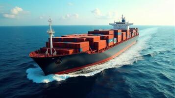 Large Cargo Ship Filled With Containers, Sailing Across a Deep Blue Ocean photo