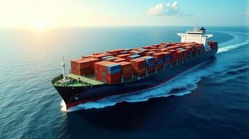 Large Cargo Ship Filled With Containers, Sailing Across a Deep Blue Ocean photo