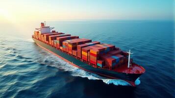 Large Cargo Ship Filled With Containers, Sailing Across a Deep Blue Ocean photo