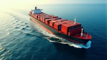 Large Cargo Ship Filled With Containers, Sailing Across a Deep Blue Ocean photo
