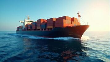 Large Cargo Ship Filled With Containers, Sailing Across a Deep Blue Ocean photo