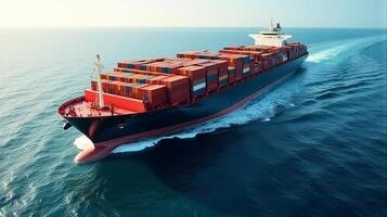 Large Cargo Ship Filled With Containers, Sailing Across a Deep Blue Ocean photo