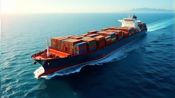 Large Cargo Ship Filled With Containers, Sailing Across a Deep Blue Ocean photo
