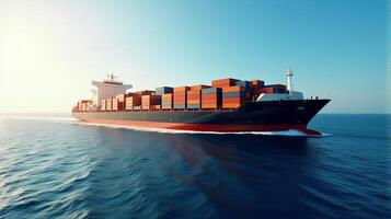 Large Cargo Ship Filled With Containers, Sailing Across a Deep Blue Ocean photo