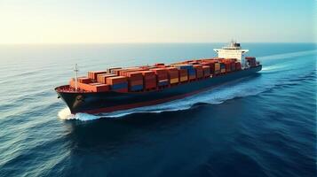 Large Cargo Ship Filled With Containers, Sailing Across a Deep Blue Ocean photo
