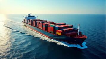 Large Cargo Ship Filled With Containers, Sailing Across a Deep Blue Ocean photo
