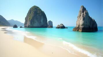 Serene Beach With Prominent Rock Formations Emerging Drom Crystal Clear Blue Waters photo