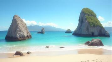 Serene Beach With Prominent Rock Formations Emerging Drom Crystal Clear Blue Waters photo
