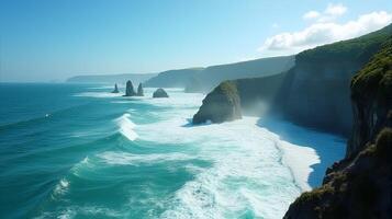Powerful Waves of a Turquoise Sea Crash Against a Towering Cliff Lined with Lush Greenery Under a Clear Blue Sky photo