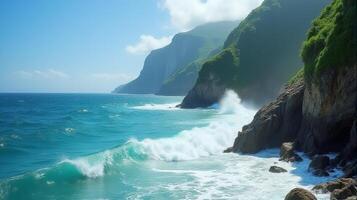 Powerful Waves of a Turquoise Sea Crash Against a Towering Cliff Lined with Lush Greenery Under a Clear Blue Sky photo