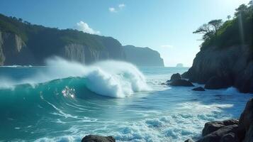 Powerful Waves of a Turquoise Sea Crash Against a Towering Cliff Lined with Lush Greenery Under a Clear Blue Sky photo