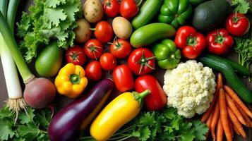 vibrante y diverso formación de Fresco verduras, incluso verde puerros, maduro aguacates, terroso papas, brillante campana pimientos, crujiente pepinos, frondoso verduras, suculento Tomates y otro vegetales foto