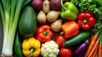 Vibrant and Diverse Array of Fresh Vegetables, Including Green Leeks, Ripe Avocados, Earthy Potatoes, Bright Bell Peppers, Crisp Cucumbers, Leafy Greens, Succulent Tomatoes and Other Vegetables photo