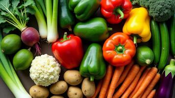 Vibrant and Diverse Array of Fresh Vegetables, Including Green Leeks, Ripe Avocados, Earthy Potatoes, Bright Bell Peppers, Crisp Cucumbers, Leafy Greens, Succulent Tomatoes and Other Vegetables photo