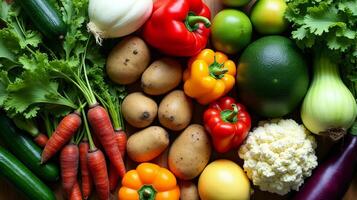 Vibrant and Diverse Array of Fresh Vegetables, Including Green Leeks, Ripe Avocados, Earthy Potatoes, Bright Bell Peppers, Crisp Cucumbers, Leafy Greens, Succulent Tomatoes and Other Vegetables photo