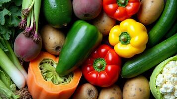 Vibrant and Diverse Array of Fresh Vegetables, Including Green Leeks, Ripe Avocados, Earthy Potatoes, Bright Bell Peppers, Crisp Cucumbers, Leafy Greens, Succulent Tomatoes and Other Vegetables photo