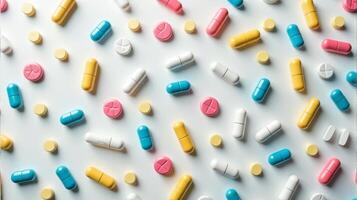 Diverse Array of Pills and Capsules Scattered in a Random Pattern, Pills Vary in Shape and Size on a Solid color Background photo