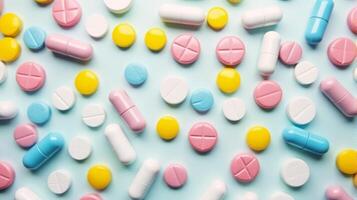 Diverse Array of Pills and Capsules Scattered in a Random Pattern, Pills Vary in Shape and Size on a Solid color Background photo