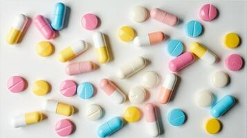 Diverse Array of Pills and Capsules Scattered in a Random Pattern, Pills Vary in Shape and Size on a Solid color Background photo