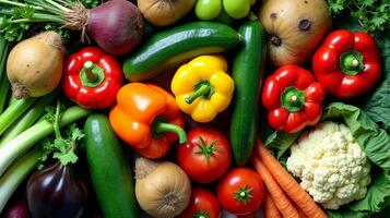 vibrante y diverso formación de Fresco verduras, incluso verde puerros, maduro aguacates, terroso papas, brillante campana pimientos, crujiente pepinos, frondoso verduras, suculento Tomates y otro vegetales foto
