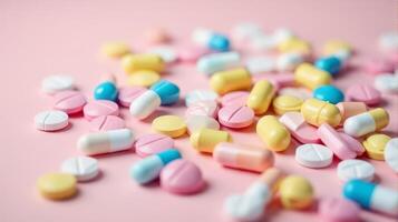 Diverse Array of Pills and Capsules Scattered in a Random Pattern, Pills Vary in Shape and Size on a Solid color Background photo